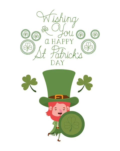 Wishing you a happy st patricks day label with leprechaun character — стоковый вектор