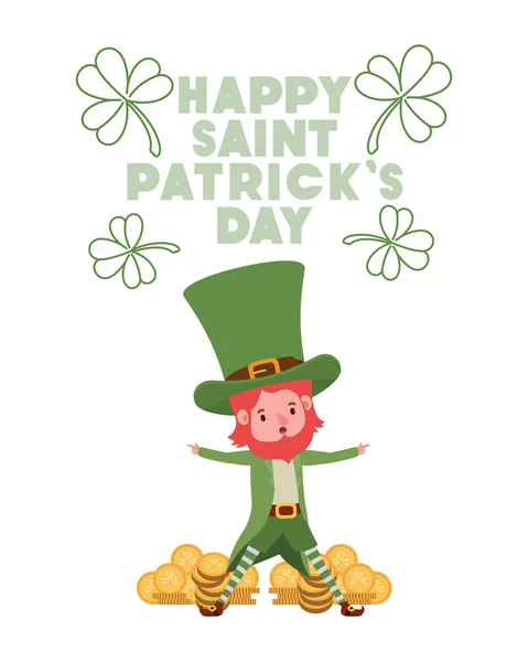 Happy saint patricks day label with leprechaun character — Stock Vector