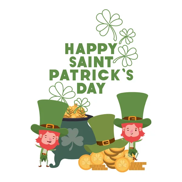 Happy saint patricks dzień etykieta z krasnalami znaków — Wektor stockowy