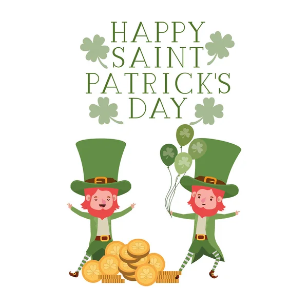 Heureux saint patricks étiquette de jour avec lutins caractère — Image vectorielle