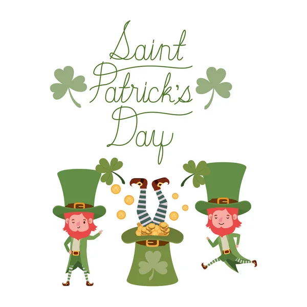 Santo Patricks Giorno Etichetta Con Leprechauns Carattere Vettore Illustrazione Desing — Vettoriale Stock