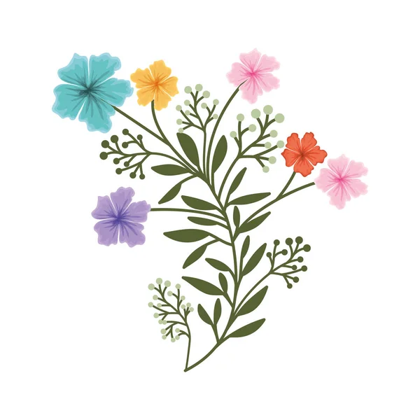 Hermosa flor con hojas icono aislado — Vector de stock