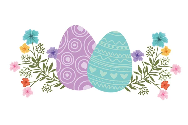 Easter eggs with flowers and leafs isolated icon — Stock Vector
