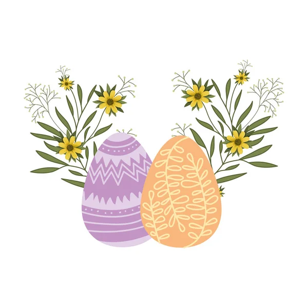 Pasen eieren met bloemen en blaadjes van geïsoleerde pictogram — Stockvector