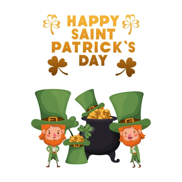 Ευτυχισμένος Αγίου patricks ημέρα ετικέτα με leprechauns χαρακτήρα — Διανυσματικό Αρχείο