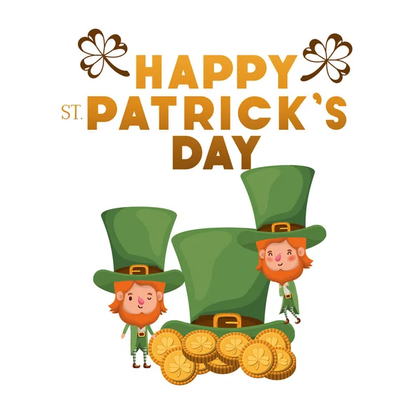 Happy st patricks day label with leprechauns character — Stock Vector