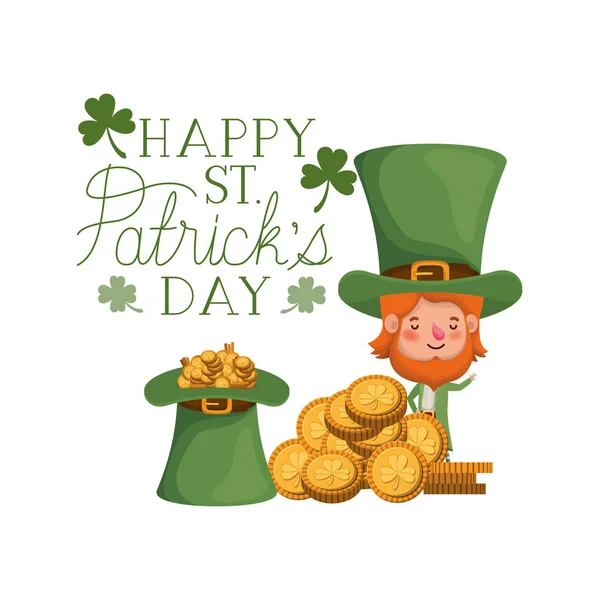 Felice etichetta giorno st patricks con carattere leprechaun — Vettoriale Stock