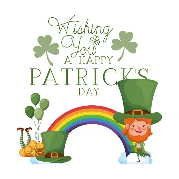 Wishing you a happy st patricks day label with leprechauns character — стоковый вектор
