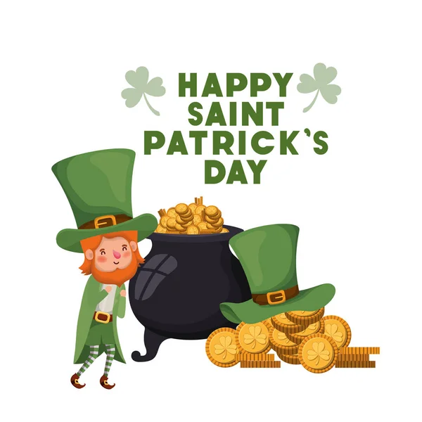 Happy saint patricks day label with leprechaun character — Stock Vector