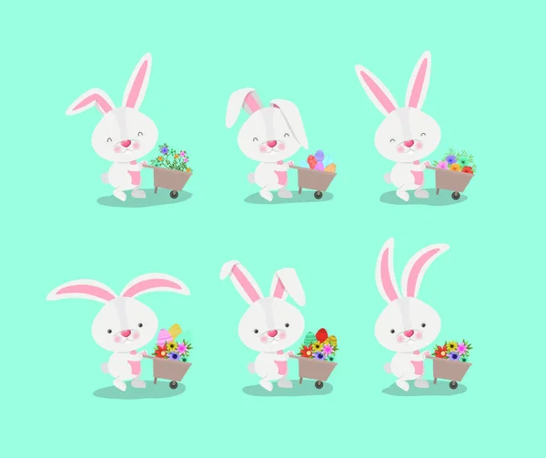 Groep van schattige konijnen met kruiwagens en bloemen — Stockvector