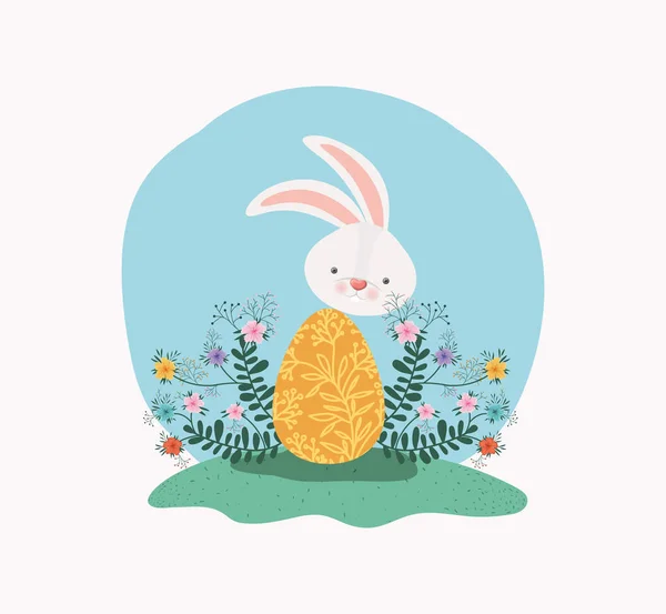 Boyalı yumurta ve bahçede çiçek ile sevimli tavşan — Stok Vektör