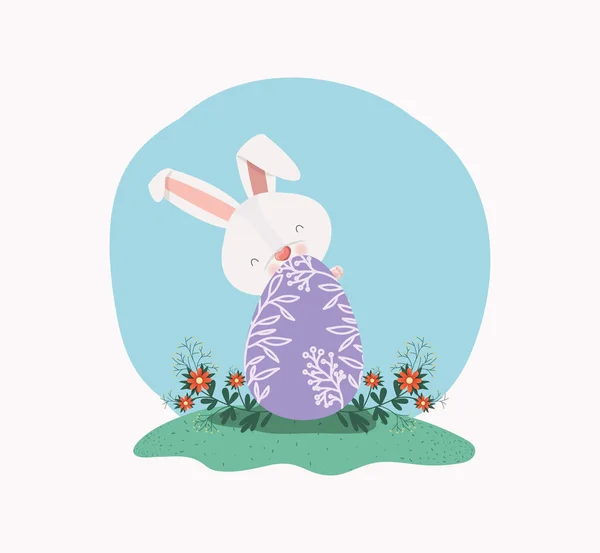 Cute rabbit with egg painted and flowers in the garden — Stock Vector
