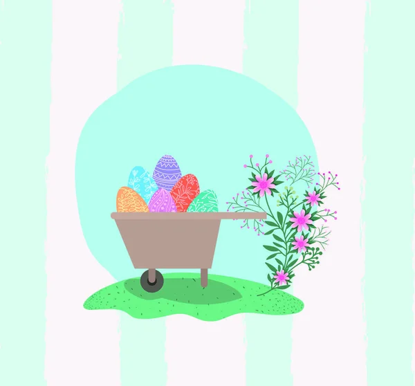 Яйца и цветы в тачке — стоковый вектор