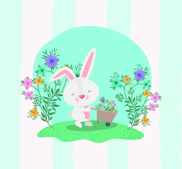 Rabbit and wheelbarrow with flowers in the garden — Stock Vector