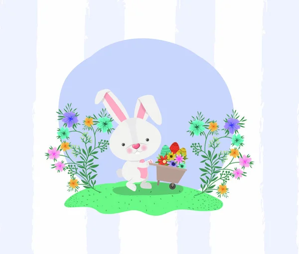 Rabbit and wheelbarrow with flowers in the garden — Stock Vector