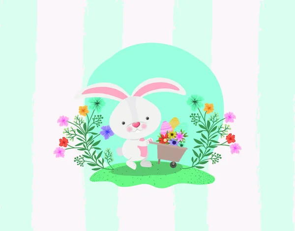ウサギと庭の花と手押し車のベクトル イラスト デザイン — ストックベクタ