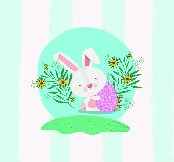 Lindo conejo con huevo pintado y flores en el jardín — Vector de stock