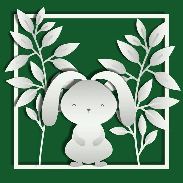 Kare çerçeve ile yapraklar ve Paskalya tavşanı — Stok Vektör