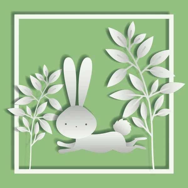 Kare çerçeve ile yapraklar ve Paskalya tavşanı — Stok Vektör