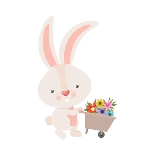 Bunny with wheelbarrow and flowers isolated icon — Stock Vector