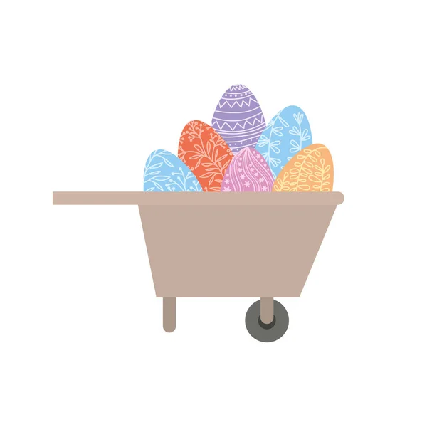 Wheelbarrow with easter eggs isolated icon — Stock Vector