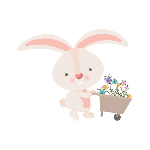 Bunny with wheelbarrow and flowers isolated icon — Stock Vector