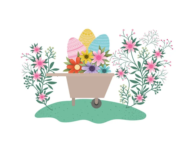 Wheelbarrowwith easter eggs isolated icon — Stock Vector