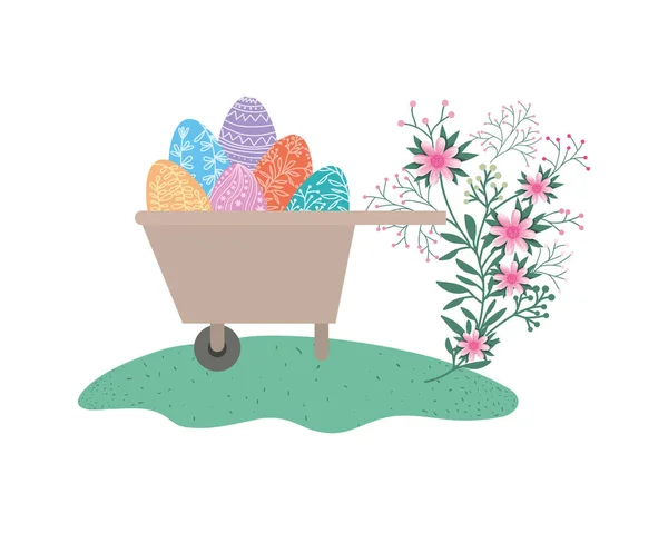 Wheelbarrowwith easter eggs isolated icon — Stock Vector