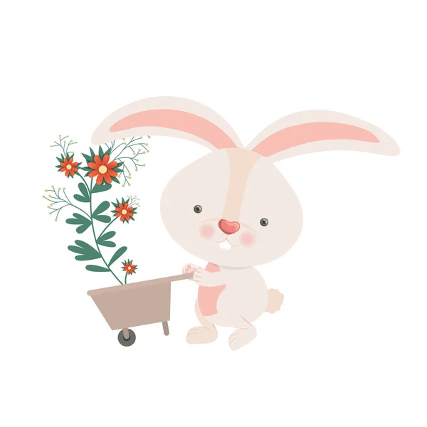Lapin avec brouette et fleurs icône isolée — Image vectorielle