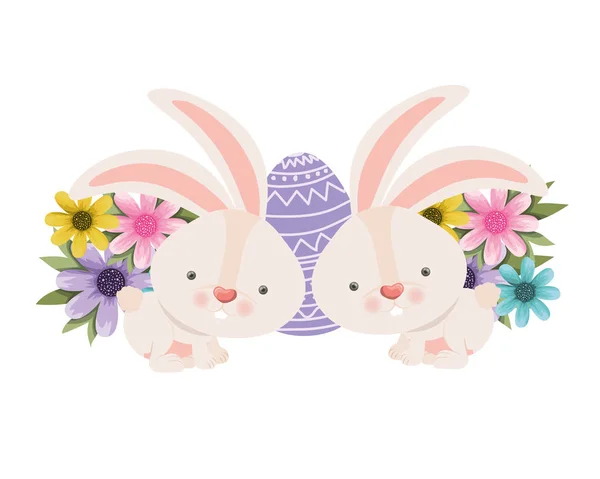 Easter bunnies with flowers isolated icon — Stock Vector