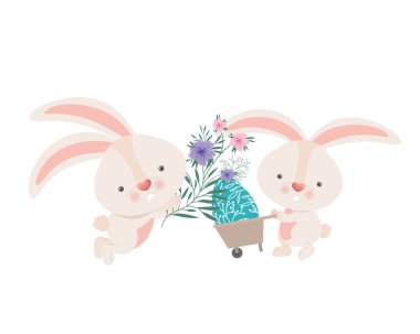 El arabası ve Paskalya yumurtası simgesi olan tavşanlar