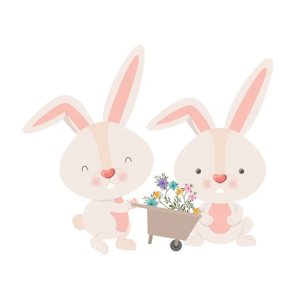 Кролики с тачкой и цветы изолированный значок — стоковый вектор
