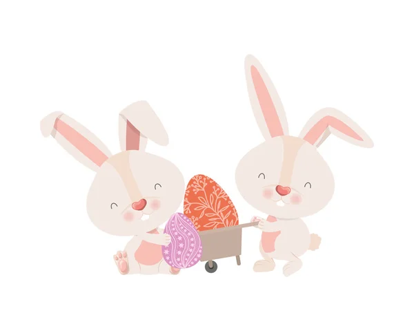 小兔子与手推车和复活节彩蛋图标 — 图库矢量图片