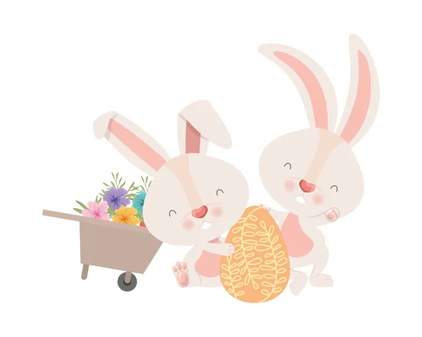 小兔子与手推车和复活节彩蛋图标 — 图库矢量图片