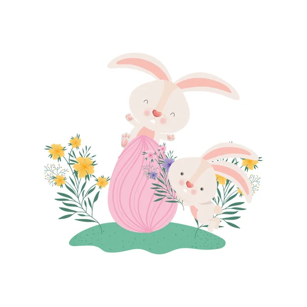 Великодні кролики з яйцем і значком квітів — стоковий вектор