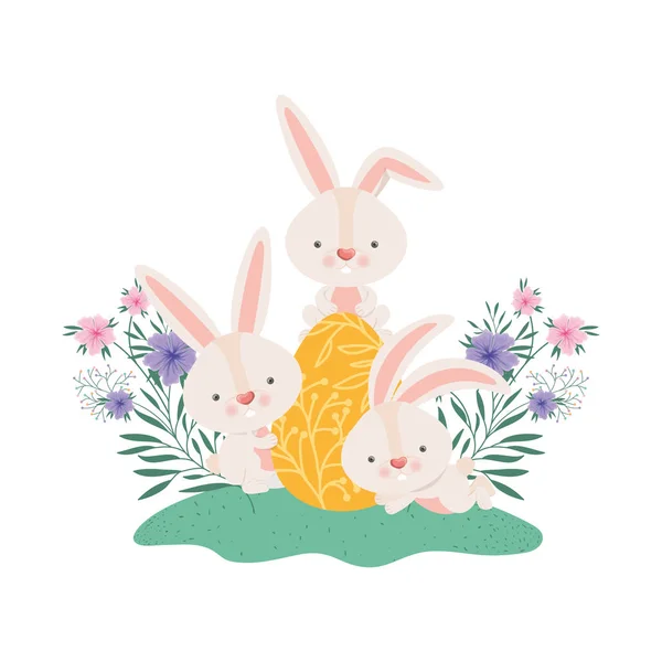 Velikonoční králíci s vajíčkem a květiny ikonou — Stockový vektor