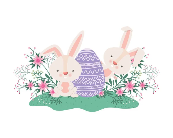 Пасхальные кролики с иконой яйца и цветов — стоковый вектор