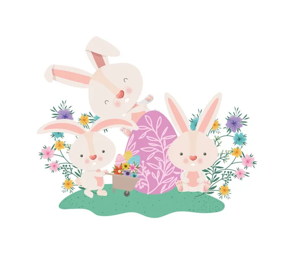 Іконка кроликів з інвалідним візком та великодніми яйцями — стоковий вектор