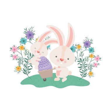 El arabası ve Paskalya yumurtası simgesi olan tavşan