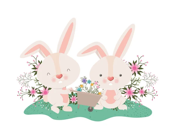 Lapins avec brouette et fleurs icône isolée — Image vectorielle