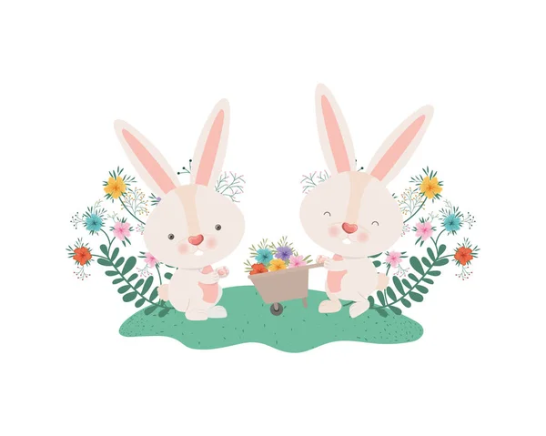 Conejitos con carretilla y flores icono aislado — Vector de stock