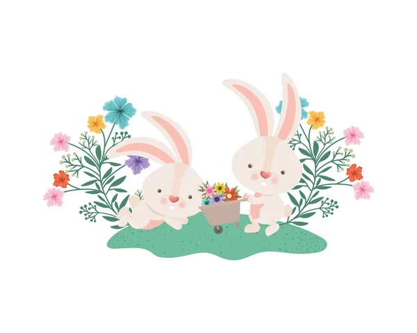 Кролики з візком і квітами ізольовані значок — стоковий вектор