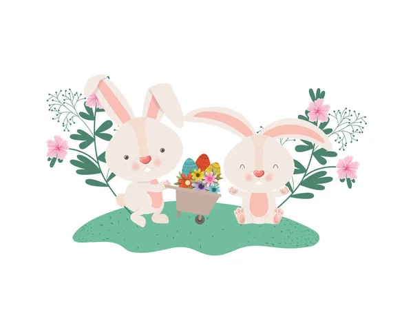 Conejos Con Carretilla Huevos Pascua Icono Vector Ilustración Diseño — Vector de stock