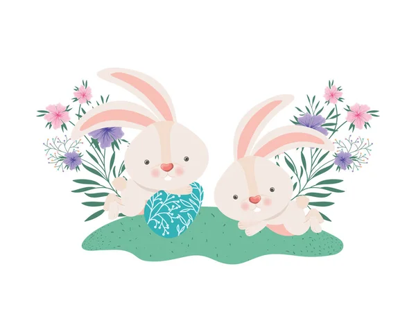 卵と花のイースターのウサギ — ストックベクタ