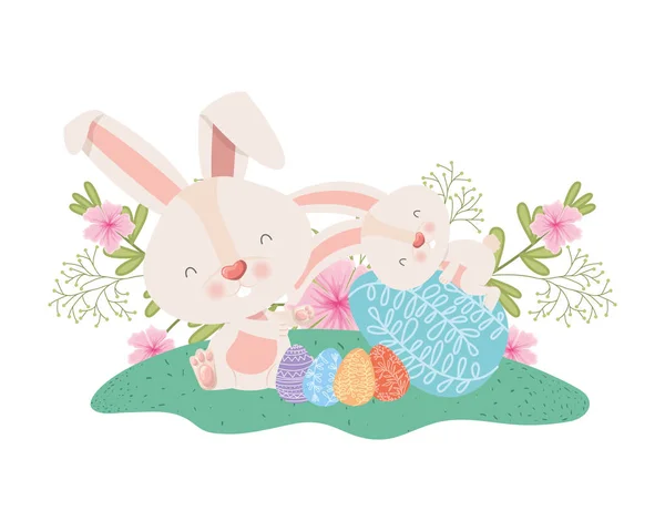 Великодні кролики з яйцями і значком квітів — стоковий вектор