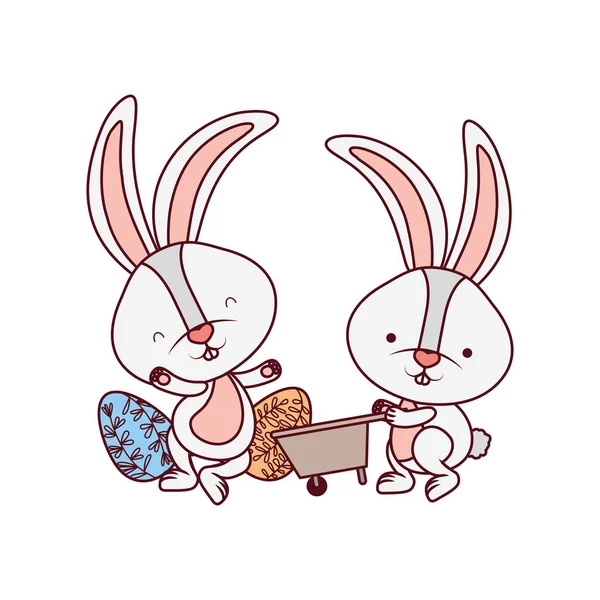 Кролики с тачкой и иконой пасхальных яиц — стоковый вектор