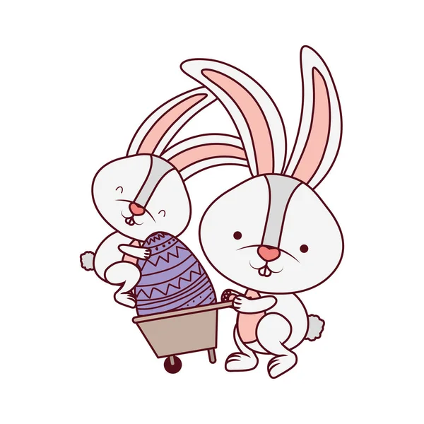 Кролики с тачкой и иконой пасхальных яиц — стоковый вектор