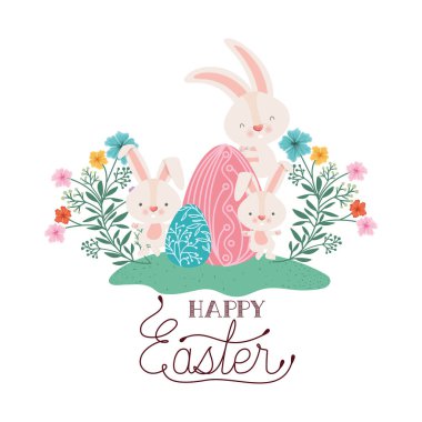happy easter label with egg and flowers icon clipart