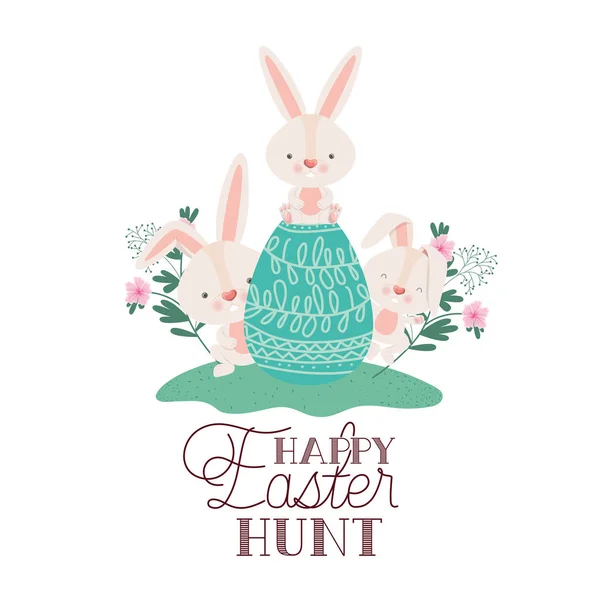 Glad påsk jakten etikett med ägg och blommor-ikonen — Stock vektor
