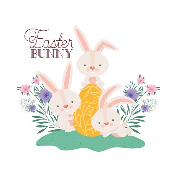 Easter bunny label met ei en bloemen pictogram — Stockvector